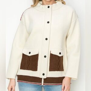 JOH APPAREL Women's Beige/Cream Knitted Sweater Jacket Cable Contrast Large NEW